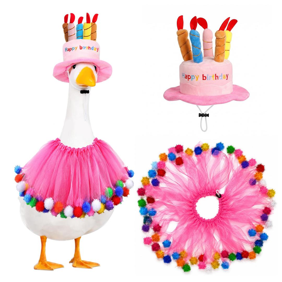 Happy Birthday Porch Goose Outfits, Cake Hat and Tutu Collar