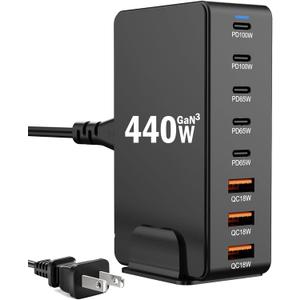 USB C Charger Block Charging Station 440W GAN3, 100W Laptop Charger Multi Port Charging Station 8 Port Hub Brick Compatible with Laptops, MacBook, iPhone, iPad, Samsung, Google, Watch, Earbuds etc