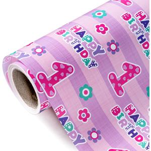 WRAPAHOLIC 1st Birthday Wrapping Paper - Mini Roll - 17 Inch x 33 Feet - Pink Floral and Happy Birthday Wrapping Paper for Girls, Party, Holiday