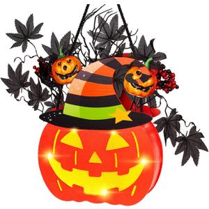 BlcTec Halloween Pumpkin Lights, 10 inch Lighted Big Jack-O-Lantern with Maple Leaves, Berries, Twigs, Witch's Hat, Battery-Operated Premium Wood Pumpkin with Timer for Halloween Decorations, Style B
