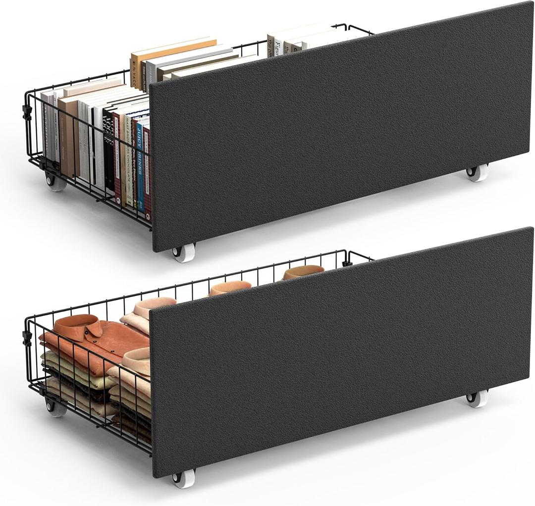 Under Bed Storage with Wheels - Pack of 2 Under Bed Storage Containers for Clothes, Blankets, Winter Clothing, & Shoes, 37L Large Capacity, Sturdy Metal Frame - Black