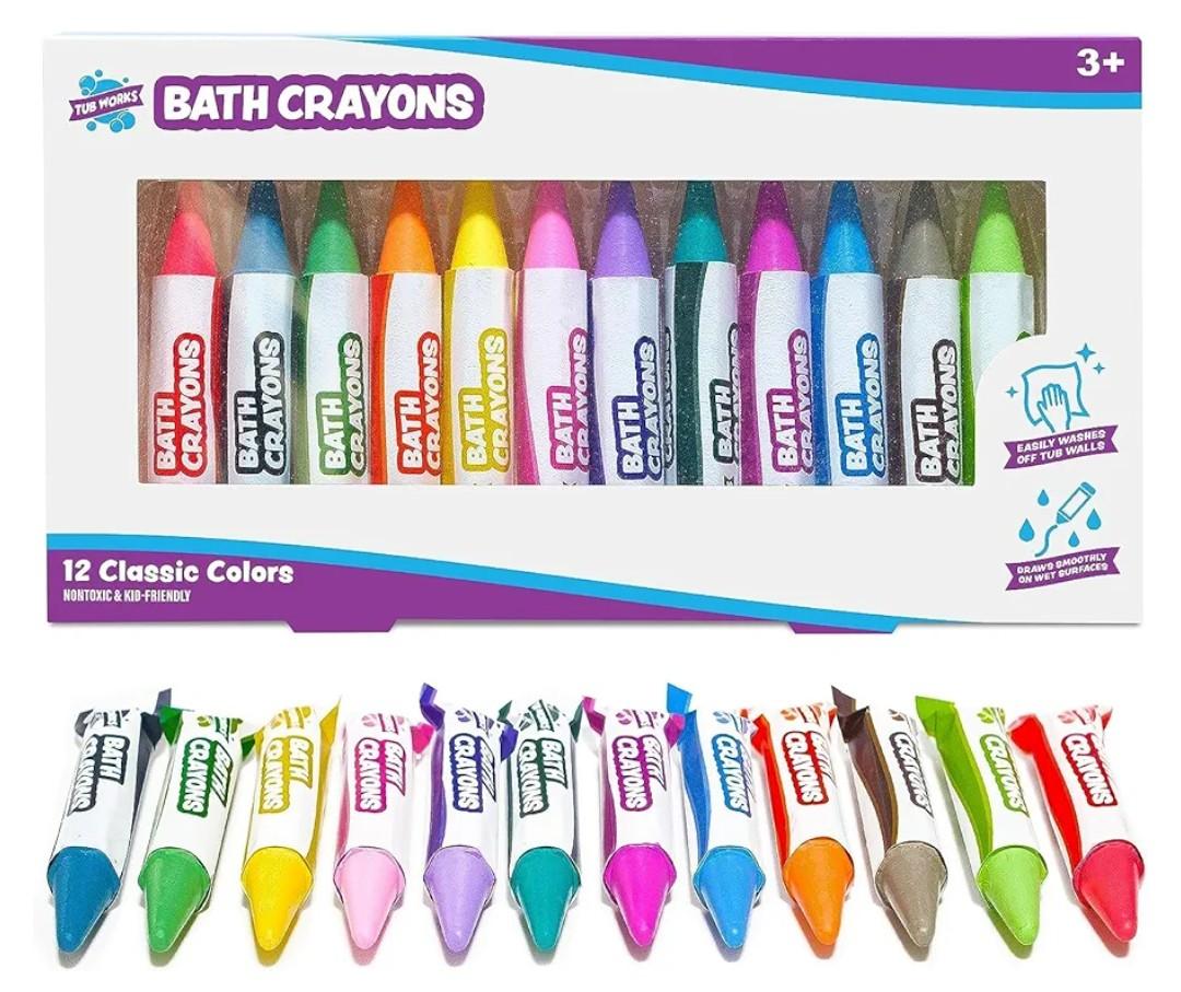 Tub Works® Smooth™ Bath Crayons Bath Toy, 12 Pack | Nontoxic, Washable Bath Crayons for Toddlers & Kids | Unique Formula Draws Smoothly & Vividly on Wet & Dry Tub Walls | Hexagon Grip Bathtub Crayons