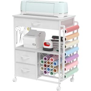VENNQD Storage cart Compatible with Cricut Machines Stand Cutting Machine Stand with Drawers and Vinyl Roll Holder Rolling Craft Cabinet Table for Cricut Craft Workstation for cart Craft Room (White)