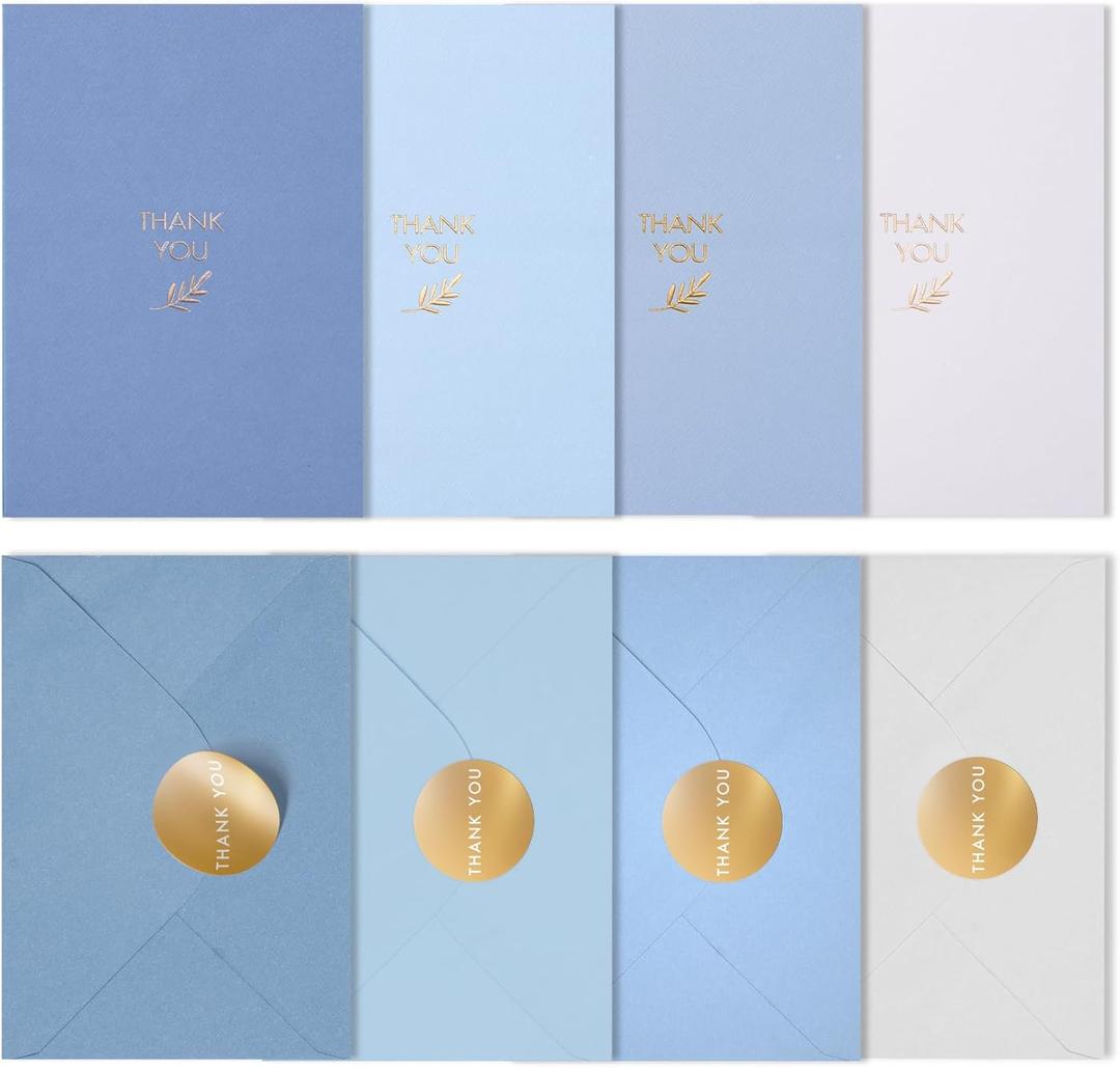 Gold Foil Thank You Cards - Bulk Pack of 40, 5x3.5 Inch with Matching Stickers & Envelopes (Blue) Textured Surface for a Unique Feel - Suitable for Baby Shower, Wedding, Small Business, Graduation