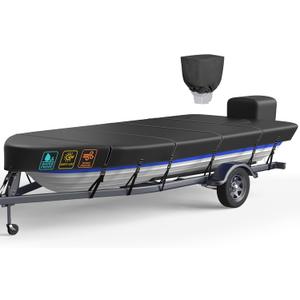 1200D 5-Layer Jon Boat Cover 12-14ft with Motor Cover | Super Waterproof (2-Layer PU, 1" Seam Tape) | UV Resistant, 9+4 Windproof Straps | Mooring/Trailerable (12'-14' Long, Beam Width to 70", Black)