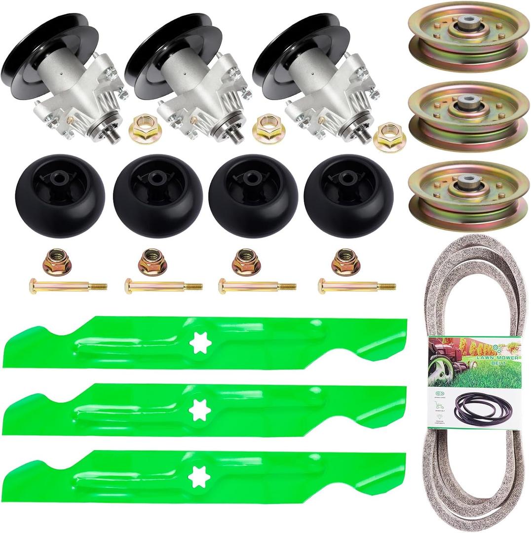 50 inch Lawn Mower Spindle Rebuild Kit for Cub Cadet RZTMTD ZT-50 Includes 3 Spindles 618-04126 3 Blades 742-04053 1 Be lt 754-04044 3 Idler 753-08171 (3 spindle+3 Idler+3 Blade+4 Wheel+1 Be lt)