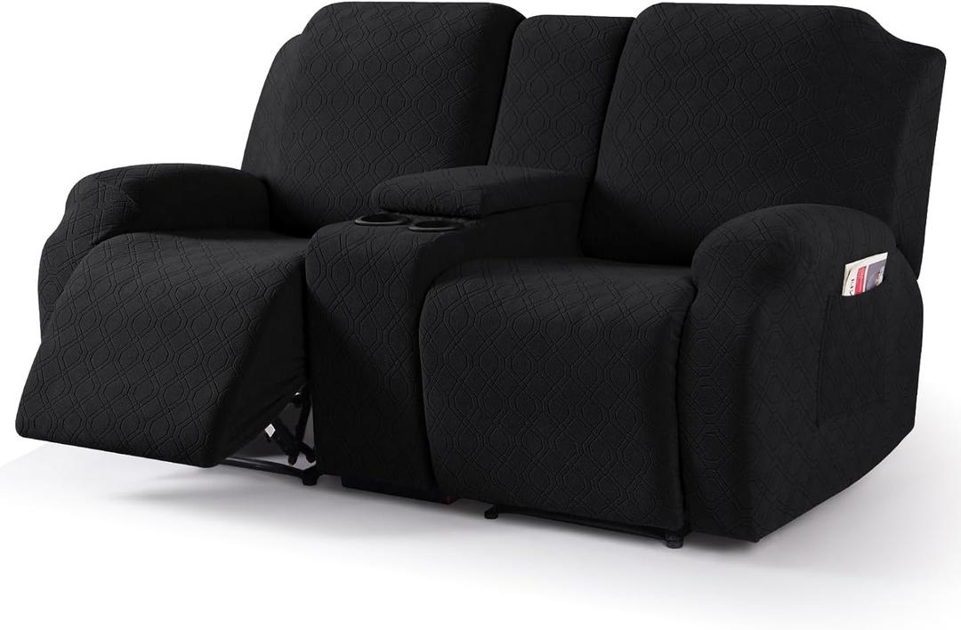 VANSOFY Recliner Loveseat Cover with Middle Console Stretch Reclining Sofa Slipcover for 2 Seat Jacquard Reclining Couch Sofa Covers Furniture Protector with Elastic Straps Bottom (Black)
