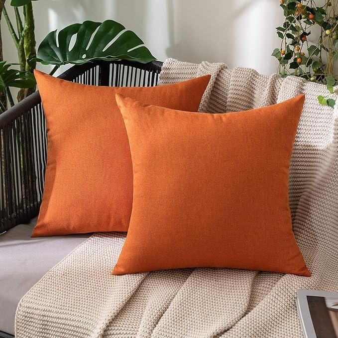 MIULEE Pack of 2 Decorative Outdoor Solid Waterproof Throw Pillow Covers Faux Linen Garden Farmhouse Cushion Cases for Summer Patio Tent Balcony Couch Sofa 16x16 Inch Orange