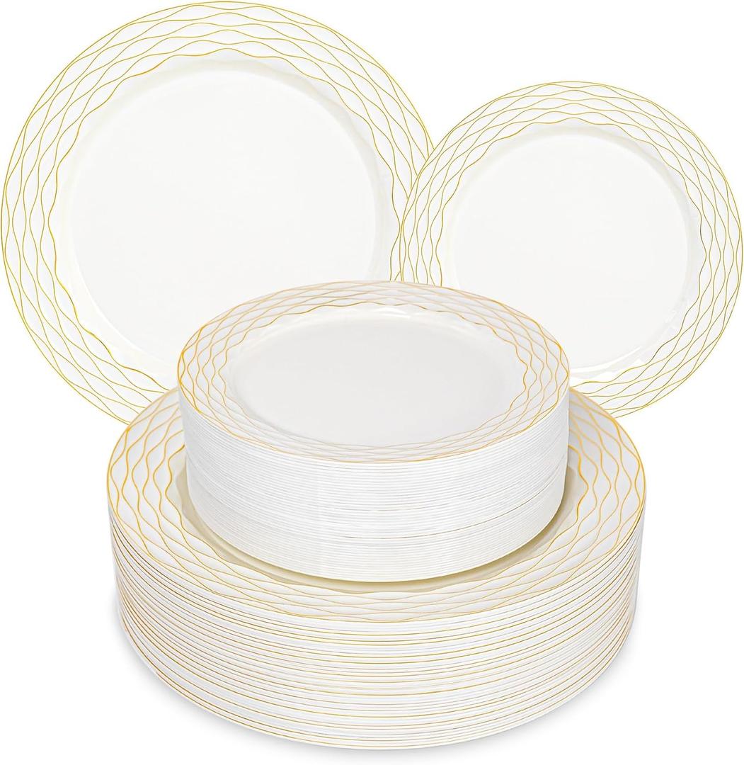 60Pcs Ivory Gold Plastic Plates, Elegant Disposable Dinner Plates Combo Pack 10in Dinner Plate and 7in Dessert Plate Fancy Gold Rim Dinnerware Set for Party, Wedding