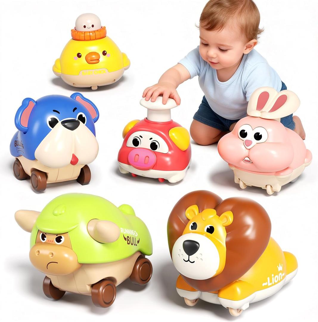 6pcs Press and Go Animal Toy Cars for Toddlers 1-3, Baby Push Go Battery-Free Long-Distance Friction Powered Vehicles for 6-12-18 Months, 1st Birthday Gifts Easter Basket Stuffers