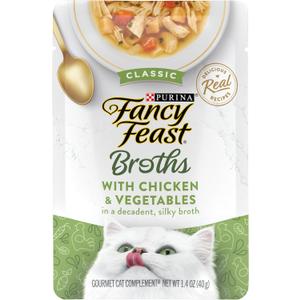 Purina Fancy Feast Broths Classic With Chicken and Vegetables Lickable Wet Cat Food Broth Topper, Pack of 16, 1.4 oz Pouches (EXP 04/30/28)