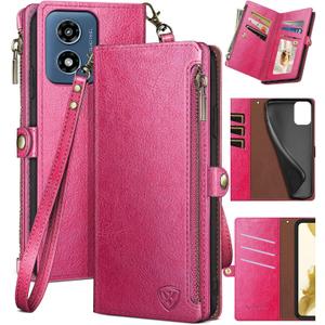 XcaseBar for Moto G 5G 2024/G Play 2024 Wallet case with Zipper Credit Card Holder【RFID Blocking】,Flip Folio Book PU Leather Phone Shockproof Cover Women Men for Moto G Play 2024 case Rose Red
