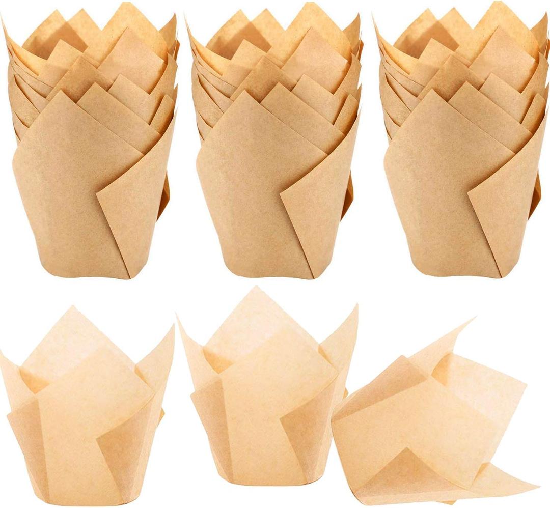 150pcs Tulip Cupcake Liners Natural Baking Cups Muffin Paper Liner Grease-Proof Wrappers for Wedding, Birthday Party, Standard Size, Natural Color