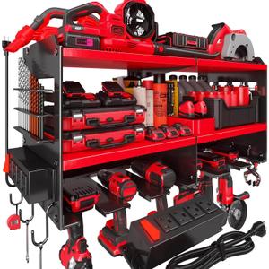 Power Tool Organizer Wall Mount with 4-Outlet Power Strip & Shelf - Heavy Duty Metal Storage Rack for Garage, Yard Maintenance, Holds 6 Drills, Batteries, Magnetic Hooks - Ideal Gift for Men (Red)