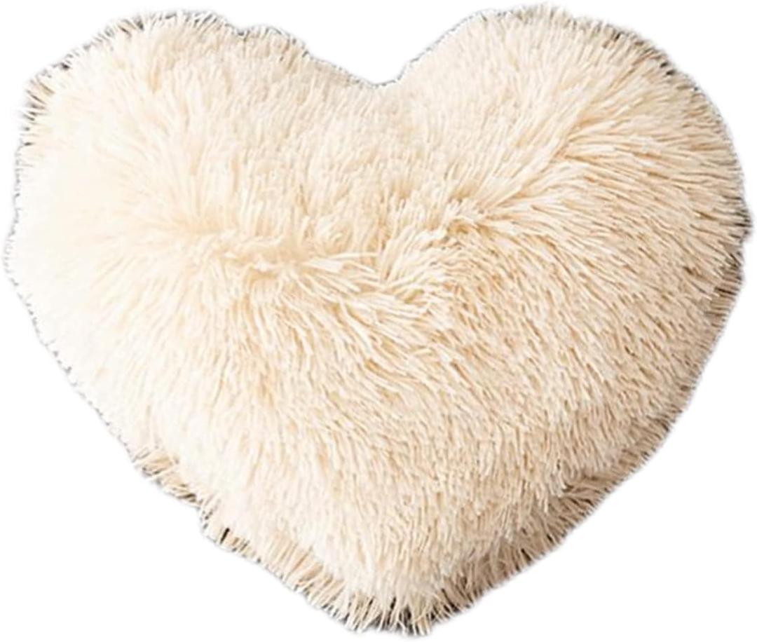 MorroMorn Fluffy Heart Throw Pillows, Shaggy Decorative Pillow for Sofa Couch Bed, Cute Room Decor Decorations for Women Girls Kids (Khaki)