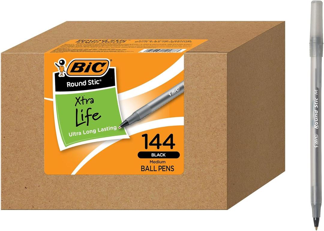 BIC Round Stic Xtra Life Ballpoint Pen, Ultra Long Lasting and Consistent Performance, 144-Count in Black Ink