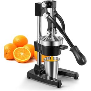 QCen Professional Cast Iron Manual Juicer, Heavy Duty Citrus Press with Stainless Steel Strainer, Easy-to-Clean Hand Squeezer for Orange, Lemon, Lime and Grapefruit - Black (Black)
