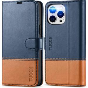 TUCCH Wallet Case for iPhone 13 Pro Max, PU Leather RFID Blocking Credit Card Slot Magnetic Stand Flip Cover TPU Shockproof Inner Case Compatible with iPhone 13 Pro Max 6.7", Dark Blue & Brown