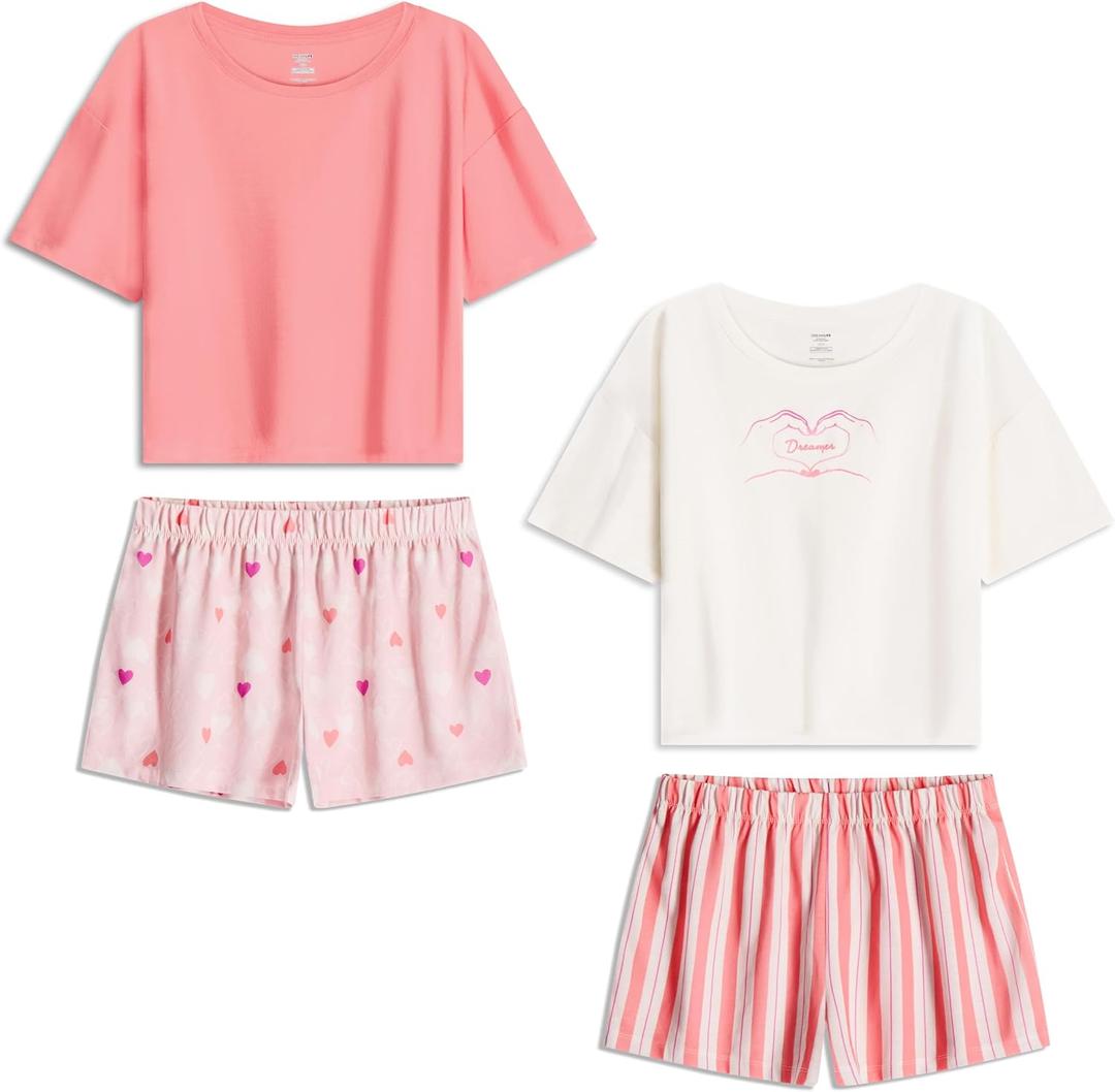 US Angels Girls Pajamas Sets- 4-Piece Cute Short Sleeve & Shorts PJ Set, Pink Girls Sleepwear, Kids Pajamas Sizes 5-16