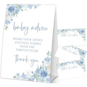 Baby in Bloom Baby Advice Cards for the Parents-to-Be, Spring Blue Floral Baby Shower Decorations Favors, Gender Neutral Party Supplies, 1 Sign & 50 Cards-F08