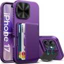 for iPhone 17 Case, Built-in Card Holder & Stand & Lens Cover, Military Grade Drop Tested Soft Silicone Edge Rugged Kickstand Protective Wallet Phone Case for iPhone 17 2025, Purple