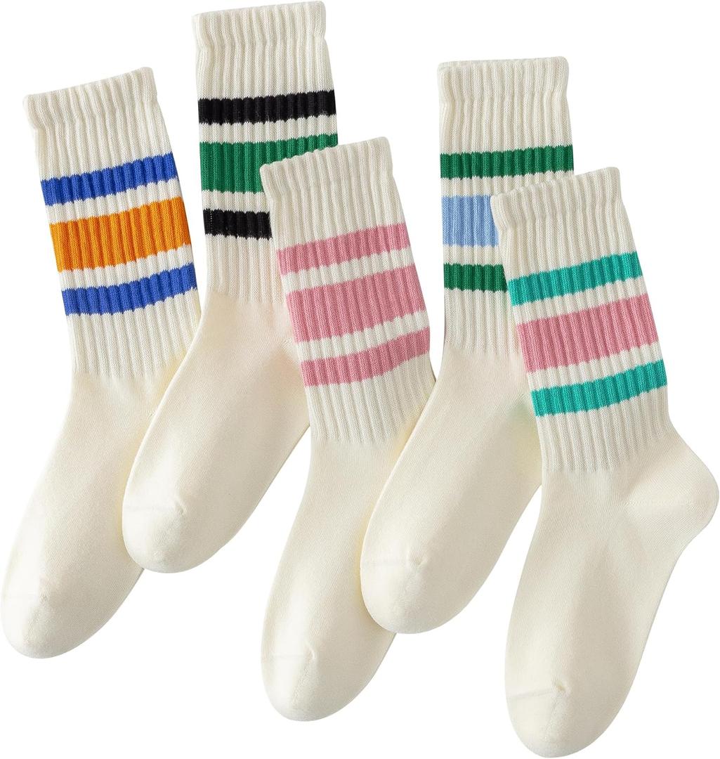 DarkCom Striped Crew Socks Seamless, or Solid Cotton Tube Socks, Casual Comfort 5 Pairs for Women and Men (Medium)