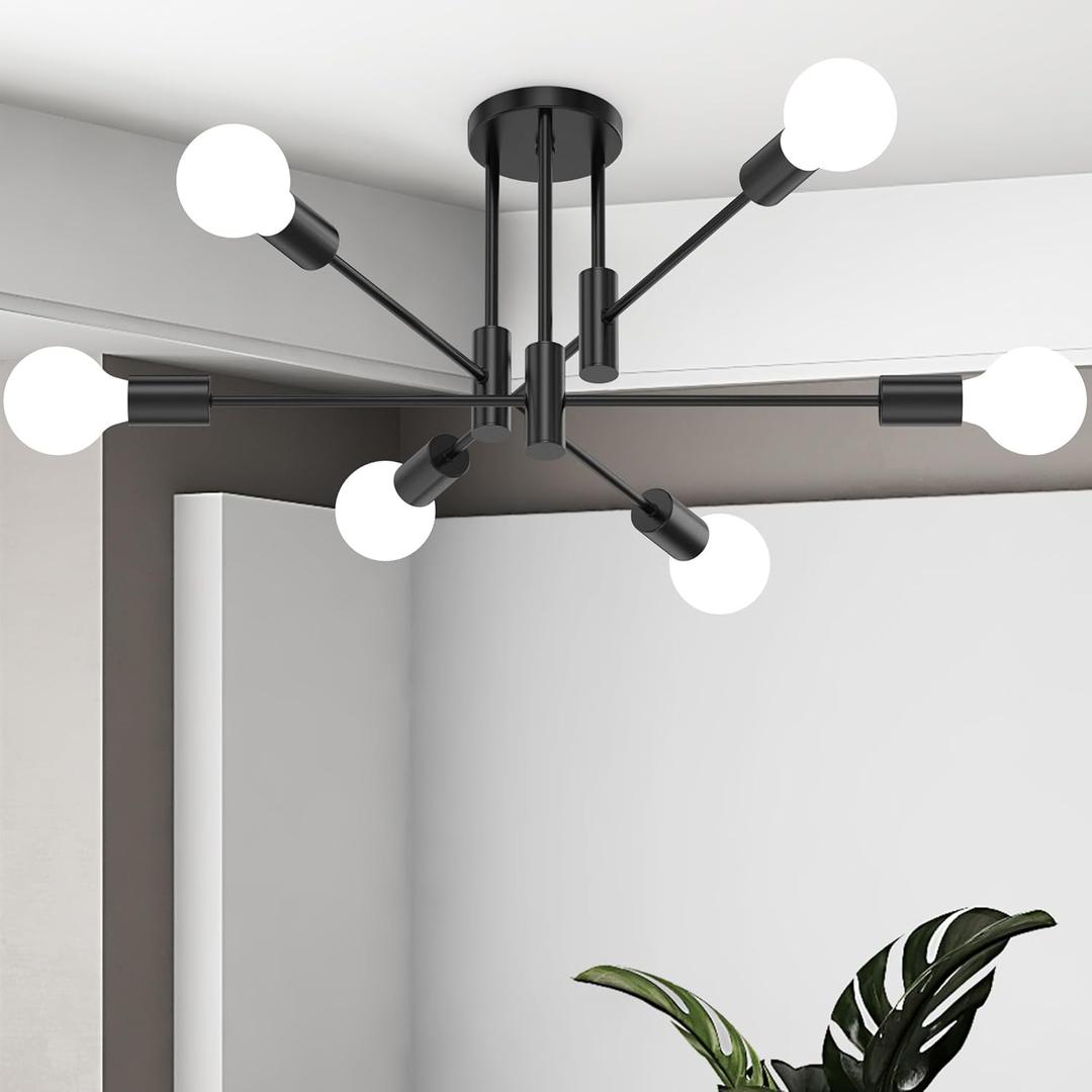 6-Light Sputnik Light Fixture, Solid Matte Black Mid-Century Modern Chandelier for Dining Room, Kitchen, Living Room, Bedroom