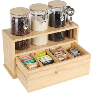 Coffee Tea Bar Organizer for Countertop, Wooden Coffee Station Organizer with 3 Airtight Glass 40 oz Jars & Drawer, Complete Coffee Tea Sugar Container Set for a Tidy Kitchen Counter