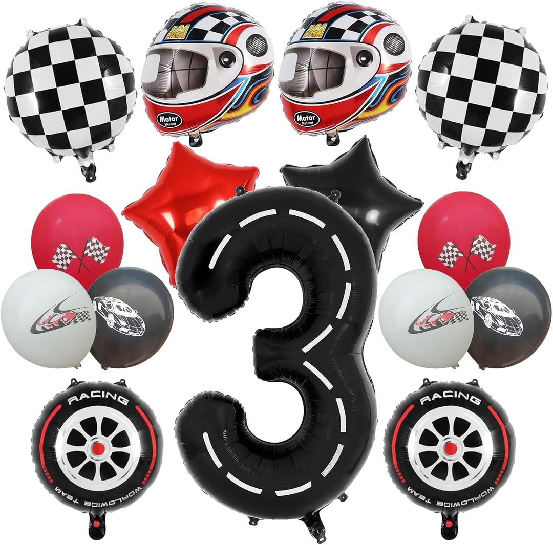 Race Car Balloons, Race Car 3 Balloons Birthday Decorations Boy Racetrack Wheel Tire Checkered Balloon 3rd Birthday for Racing Cars 3 Year Old Party Supplies, Pack of 2