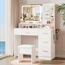 Makeup Vanity Desk Set, 35.4Wx15.7Dx53.9H, White (Smart LED Mirror, with Cushion Stool, Hairdryer Rack, Power-Outlet, 4 Drawers, Open Shelves)