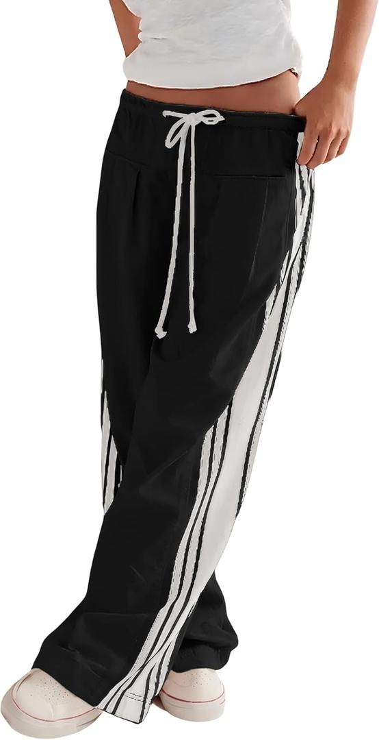 Hongsui Women's Wide Leg Pants Drawstring High Rise Side Striped Slouchy Palazzo Pants with Pockets (X-Large, Black)