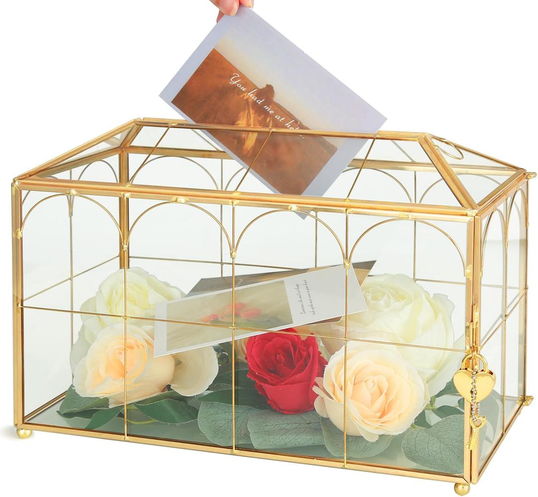 Ripprovt Glass Wedding Card Box with Lock, 12.6x5.9x9 inches Large Gold Card Boxes for Wedding Reception, Keepsake Display, Graduation, Party Centerpiece Decorative Box