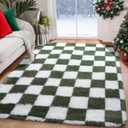 KICMOR Area Rugs for Bedroom Living Room, 4x6 Soft Fluffy Olive Green and White Checkered Shag Rug Fuzzy Shaggy Plush Bedside Carpet, Non-Slip Indoor Floor Rug for Boys Girls Room Nursery Home Decor