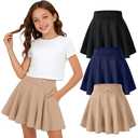 LessonZoo 3 Pack Girls' Uniform Skirts School Pleated Flared High Waist Mini Skorts Built in Shorts with Pockets (Black, Navy Blue, Khaki,7-8 Years) 