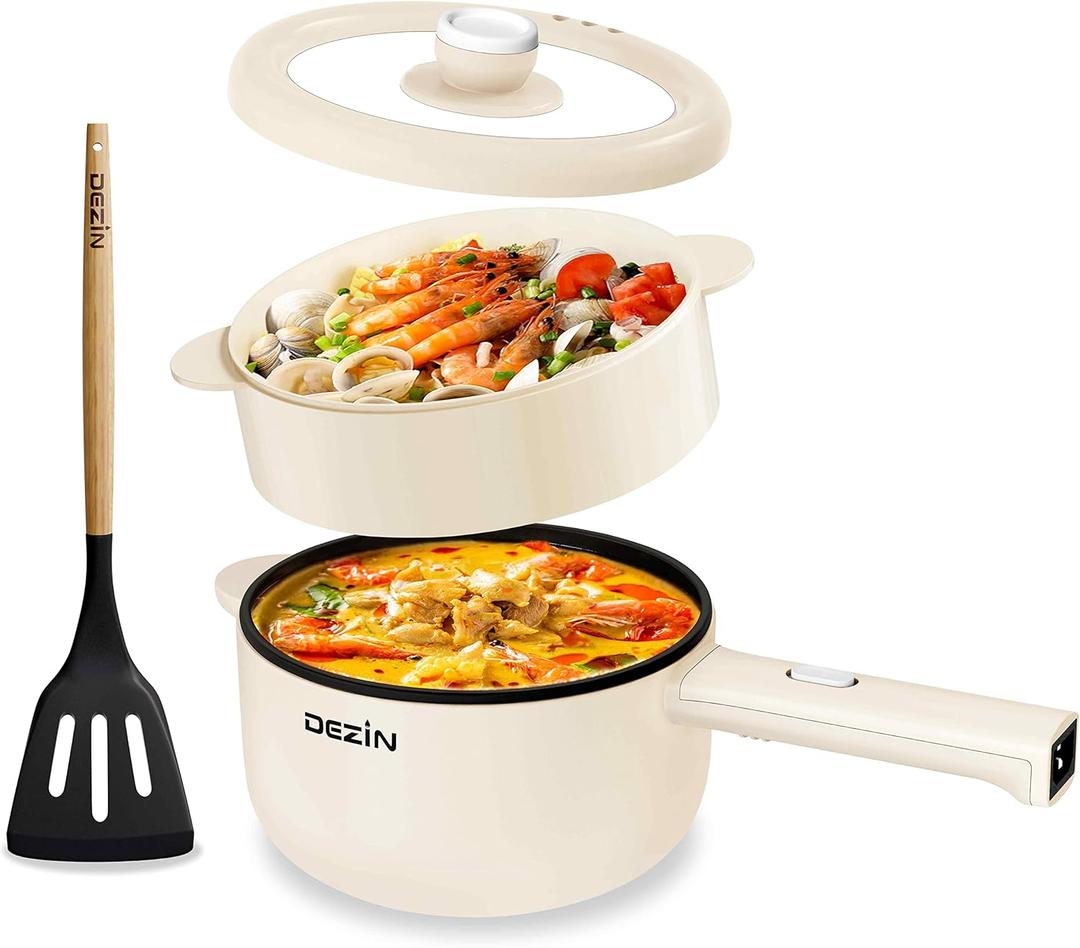 Dezin Electric Cooker, 2L Non-Stick Saut Pan, Rapid Noodles Cooker, Mini Pot for Steak, Egg, Fried Rice, Ramen, Oatmeal, Soup with Power Adjustment, College Dorm Room Essential(Egg Rack Included) (Round - F(Beige/with Steamer))