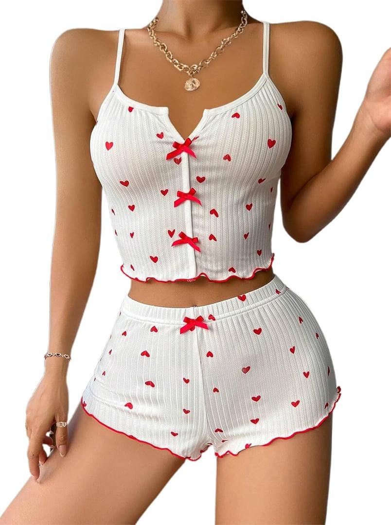 Hilinker Womens Heart 2 Piece Pajama Set Sexy Ribbed Crop Cami and Shorts Cute PJ Sets C Red Heart X-Large