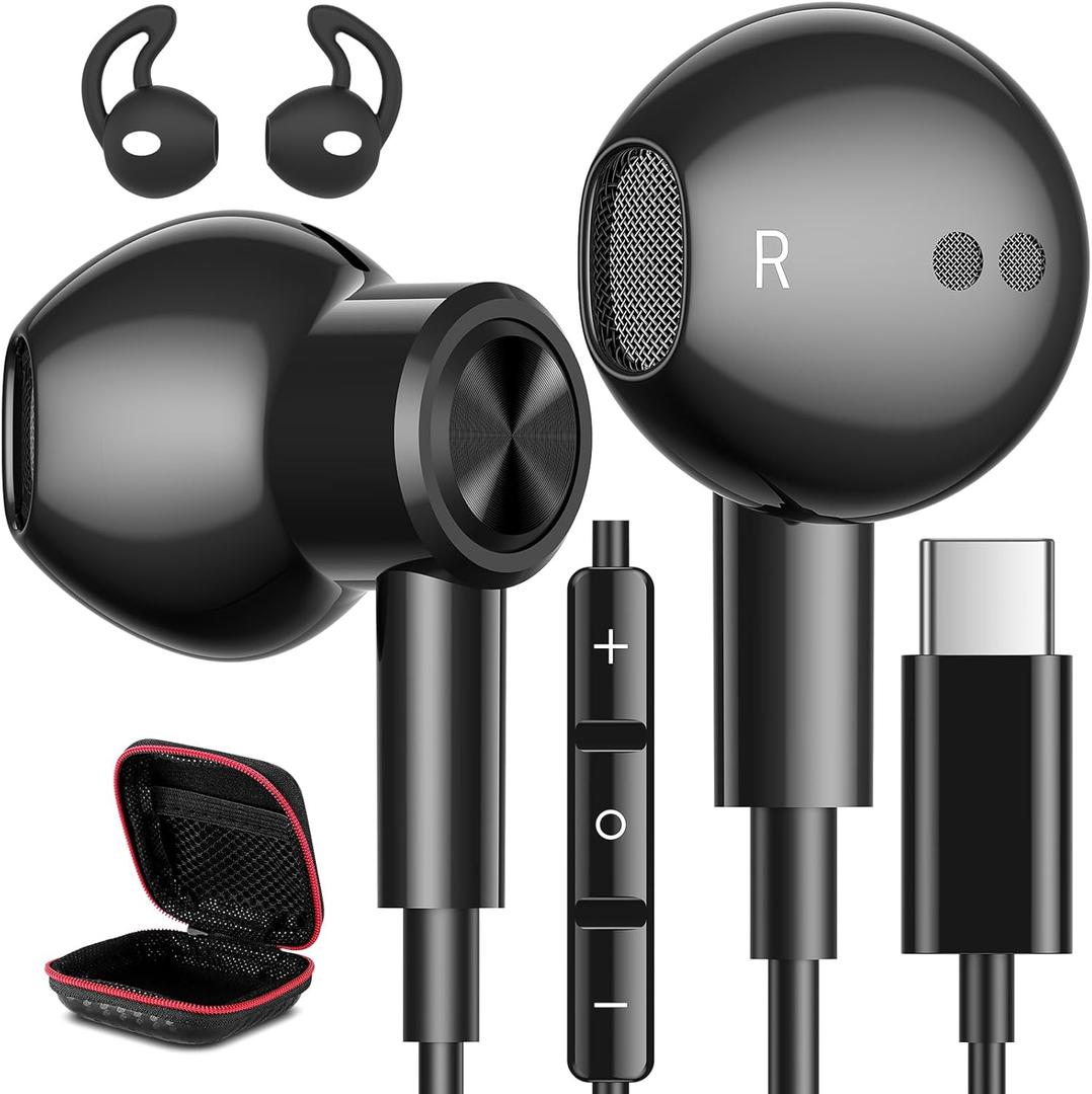USB C Headphones Wired Type C Earphones for Samsung/Galaxy S26 S25 S24 Plus S23 S22 S21 S20 Ultra Magnetic Corded Earbuds for iPhone 15 Pro Max 16 16e 17 17e Air for Apple/Android Ear Buds Black