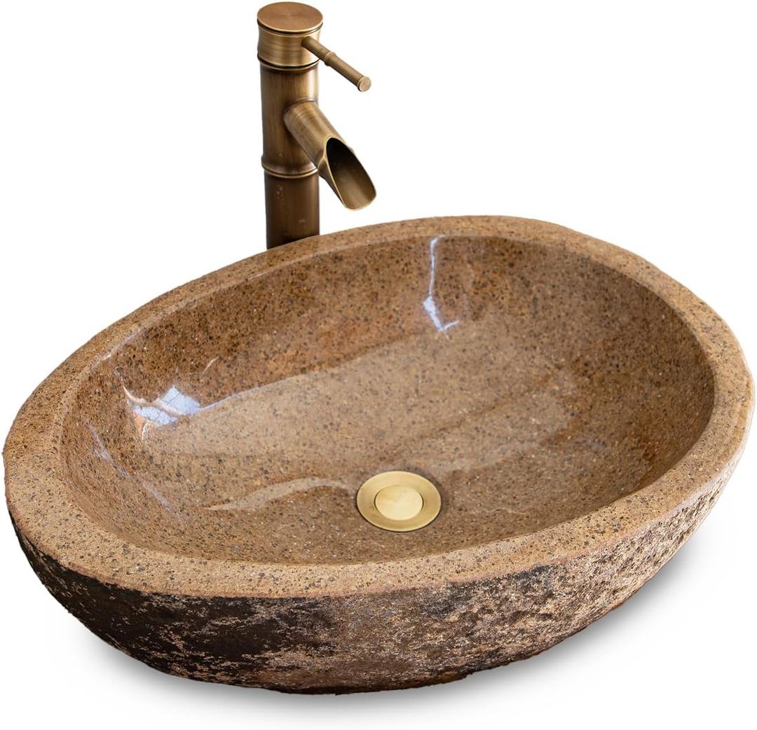 Unique Natural River Stone Sink For Personalized Bathrooms With Irregular Oval Yellow Flecks - Handcrafted Sink In Rustic Farmhouse Style (Medium: Approximately 15-19 in), Medium: 15-19 ‘L x 13-14 “W x 5-6 ”H