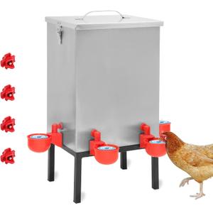Chicken Waterer 3 Gallons,Stainless Steels Automatic Chicken Waterer ,Poultry Watering No Waste 4 Water Cups Chicken Waterer and 4 Horizontal Automatic Chicken Nipples,with Latch and Bottom Bracket