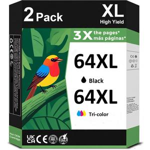 Printer Ink 64XL Ink Cartridge for HP Ink 64 XL 64XL Black and Color Combo Pack High Yield Replacement for HP Printers 7858 7855 7120 7155 7158 7164 6255 6252 6232 Envy Inspire 7955e Tango X Printers