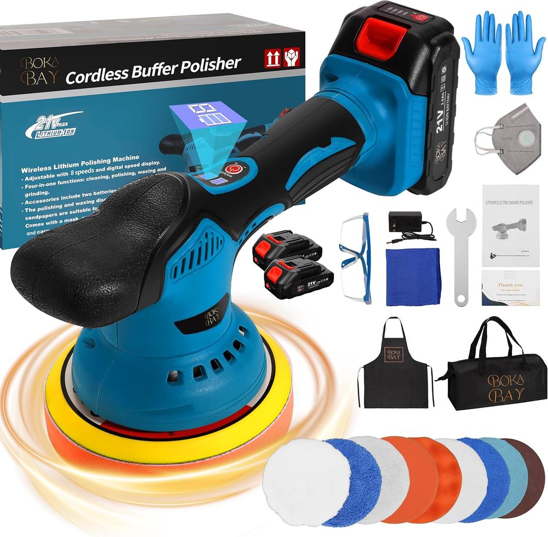 Cordless Car Buffer Polisher Kit 6 Inch with 21V 2x2000mAh & 9 Pcs Attachments, Car Polisher with 8 Variable Speed 2800-5500RPM, Orbital Polisher for Detailing, Sanding, Scratch Removing