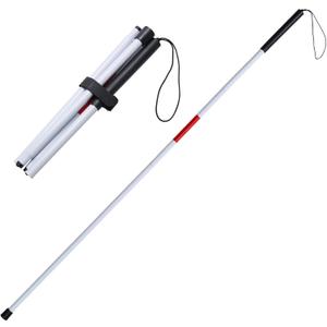 Foldable White Cane(Blind Cane) with Red Reflective Strip, 49 Inch Lightweight Walking Stick for Vision Impaired, Anti-Slip Handle for Daily & Travel Use
