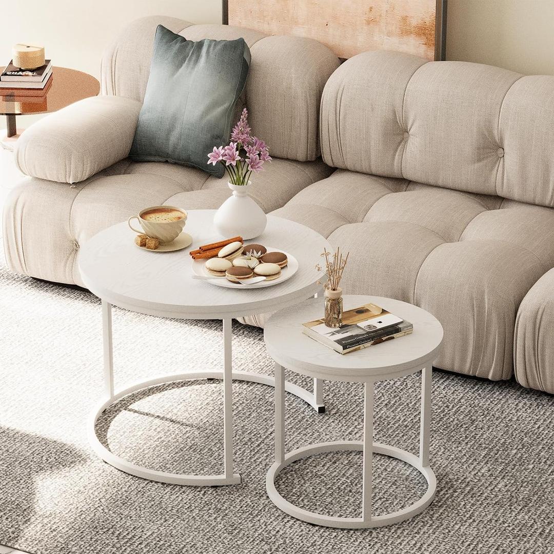  Nesting Coffee Table Round Side Table Set of 2 End Tables for Living Room Bedroom Balcony,White Wooden Stacking Accent Coffee Tables with Metal Frame