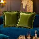 Velvet Throw Pillow Covers Set of 2, Soft Decorative Ruffle Cushion Cases for Couch Sofa Bedroom, 18 x 18 Inches, Olive Green