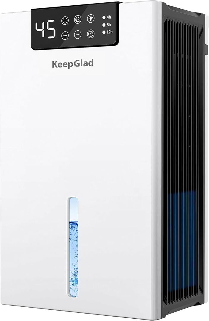 KeepGlad Dehumidifier, 98OZ Dehumidifiers for Home(1000sq.ft), Humidity Display Dehumidifier for Basement Bathroom Bedroom, Auto Shut Off, Washable Filter, Drain Hose, Timer, 7 Ambient Lights, White