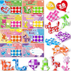 Valentines Cards for Kids Classroom, 28 Packs Mini Twist Puzzle Snake Cube Toys with cards, Ideal Kids Exchange Gifts for School, Perfect Valentines Party Favors for Kids Boys Girls