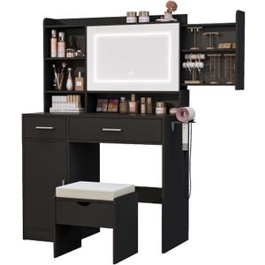Vanity Desk with Mirror and Lights, with Hidden Shelves,4 Compartments,2 Drawers,Cabinet & Stool,Dimmable LED Lights,Power Outlets, Ideal for Bedroom Vanity Organization (Black)