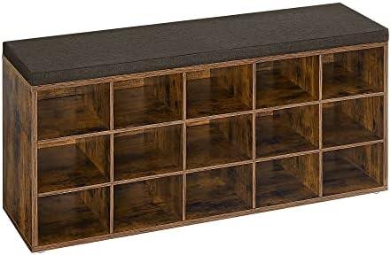 VASAGLE Shoe Bench with Cushion, 15 Compartments, 11.8 x 41.3 x 18.9 Inches | Entryway Storage Bench with Padded Seat, for Bedroom, Rustic Brown and Chestnut Brown, CUSTOS Collection ULHS15BX