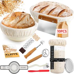 Sourdough Starter Kit - Banneton Proofing Basket 9 Inch Round & 10 Oval, Complete Sourdough Bread Baking Supplies with Starter Jar, Bread Sling, Lame, Danish Dough Whisk, Bags
