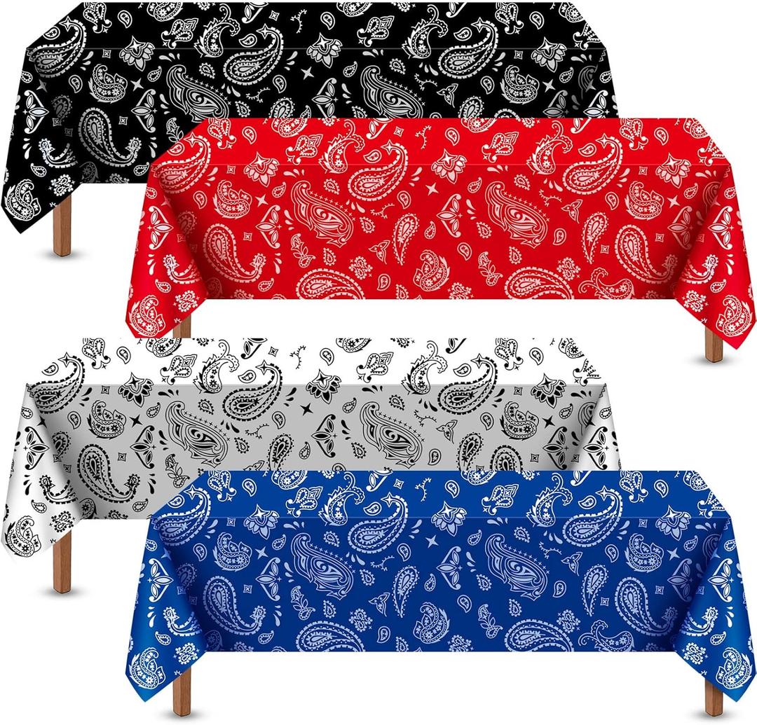 Reginary 4 Pack Western Party Tablecloth Paisley Bandana Table Cover Plastic Rectangle Tablecloth for Western Cowboy Themed Party Decorations, 54 x 108 Inch, White, Black, Red, Blue